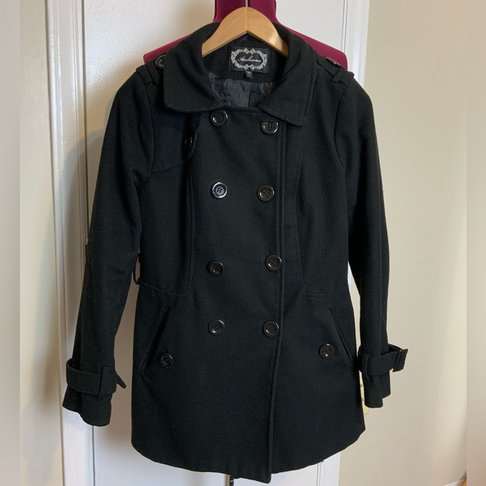 Ambiance Black Wool blend Pea Coat Big Buttons Front Closure M Women